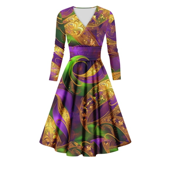 Fgvctg Womens Mardi Gras Dress Party Glitter Mask Print Cocktail Dresses Vintage V Neck Dress 1950s Long Sleeve Carnival Parade Clothes Cyan L