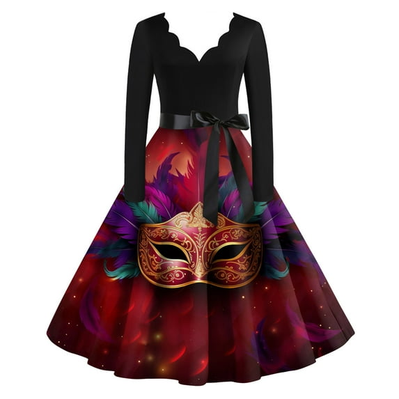 Fgvctg Womens Mardi Gras Dress Party Pretty Long Sleeve Cocktail Dress Oversized Prom 50's Midi Dress Carnival Parade Glitter Mask Print Outfit Flowy V Neck Clothing Wine L
