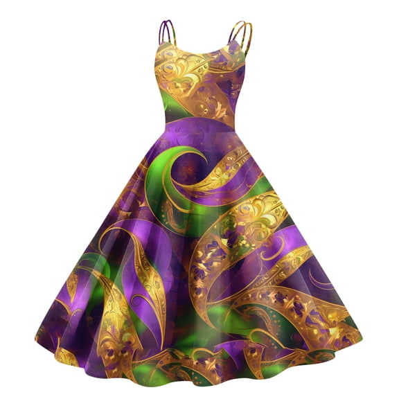 Fgvctg Womens Mardi Gras Dresses Carnival Crewneck Cocktail Dress Glitter Mask Print Pretty 50's Midi Dress Vintage Sleeveless Classy Parade Party Clothes Light Purple 2XL