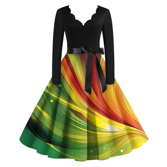 Fgvctg Womens Mardi Gras Dresses Carnival V Neck Cocktail Dress Glitter Mask Print Soft 50s Tea Dress Vintage Long Sleeve Formal Parade Party Clothes Blue S