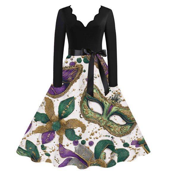 Fgvctg Womens Mardi Gras Dresses Carnival V Neck Cocktail Dress Glitter Mask Print Trendy 50's Midi Dress Flowy Long Sleeve Plus Size Parade Party Outfits White XL