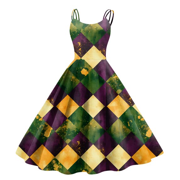 Fgvctg Womens Mardi Gras Dresses Glitter Mask Print Cocktail Dress A-Line Crewneck 50s Tea Dress Sleeveless Parade Party Carnival Flowy Outfits Dark Green 2XL