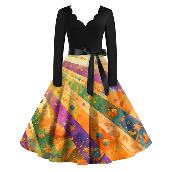 Fgvctg Womens Mardi Gras Dresses Glitter Mask Print Cocktail Dresses Classy V Neck 1950s Tea Dress Long Sleeve Parade Party Carnival Flowy Clothing Dark Purple S