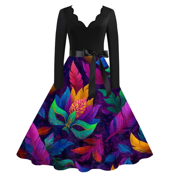 Fgvctg Womens Mardi Gras Dresses Glitter Mask Print Cocktail Dresses Lightweight V Neck Dress 1950s Long Sleeve Parade Party Carnival Vintage Clothes Hot Pink XL