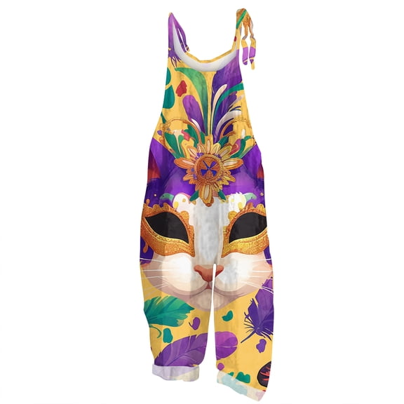 Fgvctg Womens Mardi Gras Jumpsuit Sleeveless Carnival Party Spaghetti Straps Overalls Holiday Wide Leg Pant Mask Print Bib Overalls Romper Sprimg Pants With Pockets White XXL