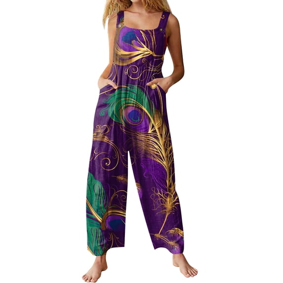 Fgvctg Womens Mardi Gras Jumpsuit Wide Leg Pant Carnival Party Spaghetti Straps Festival Mask Graphic Jumpsuit Sleeveless Bib Overalls Sprimg Romper Clothing With Pockets Purple Pink S
