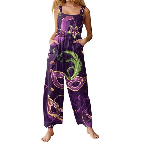 Fgvctg Womens Mardi Gras Jumpsuit Wide Leg Pant Mask Graphic Overalls Sleeveless Romper Carnival Party Spaghetti Straps Jumpsuits Loose Bib Overalls Sprimg Clothes With Pockets Dark Purple M