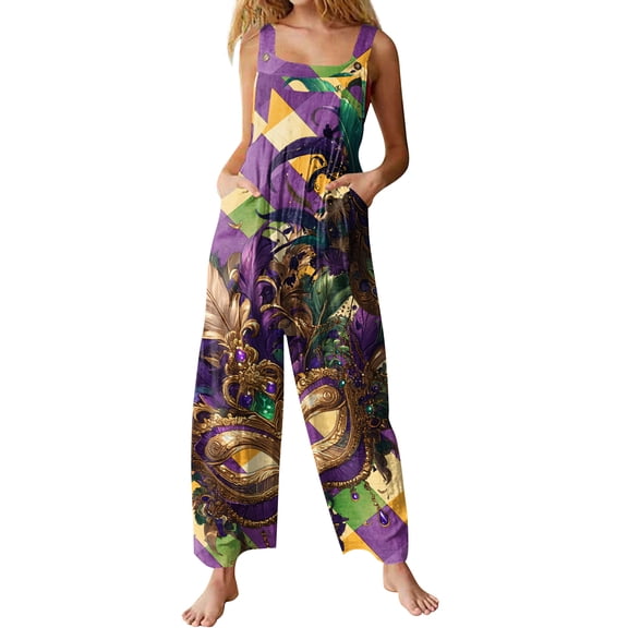 Fgvctg Womens Mardi Gras Jumpsuits Wide Leg Pant Carnival Party Spaghetti Straps Adjustable Mask Graphic Jumpsuit Sleeveless Bib Overalls Sprimg Rompers Clothes With Pockets Purple XXXXXL