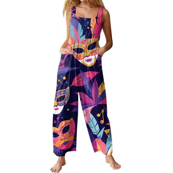 Fgvctg Womens Mardi Gras Jumpsuits Wide Leg Pant Carnival Party Spaghetti Straps Festival Mask Print Jumpsuit Sleeveless Bib Overalls Sprimg Rompers Clothing With Pockets Pink XL