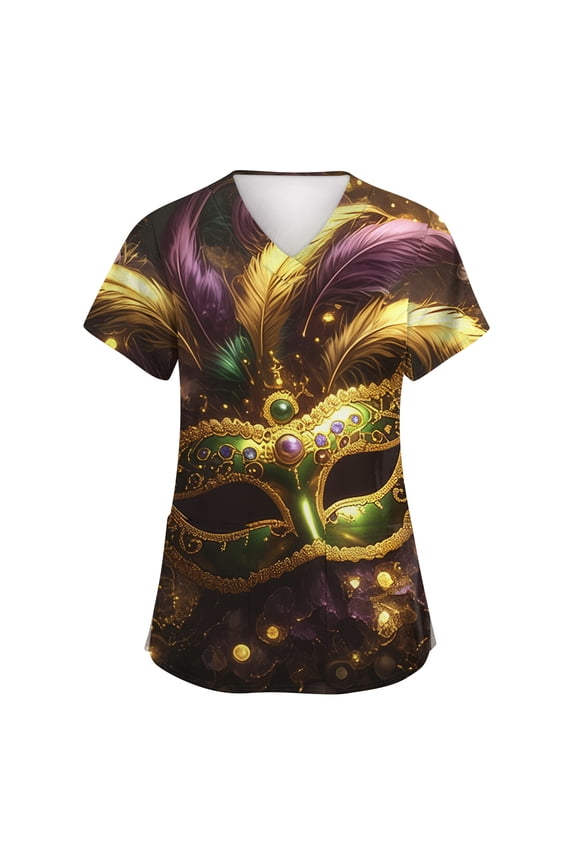 Womens Mardi Gras Scrub Tops Fashion Carnival Mask Print Tops Working Scrub V Neck Short Sleeve Shirt Oversized Scrubs Workwear Nursing Uniforms Medical T Shirts with Pocket Gold S