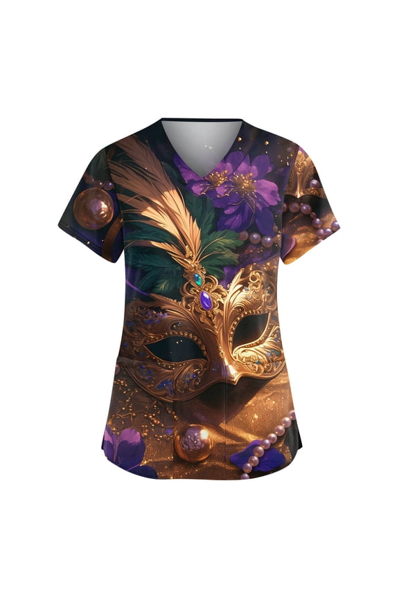 Womens Mardi Gras Scrub Tops Funny V Neck Short Sleeve Scrub Tops Carnival Mask Printed Workwear Shirts Medical Scrubs Work T Shirts Loose Nurse Uniform with Pocket Gold 3XL