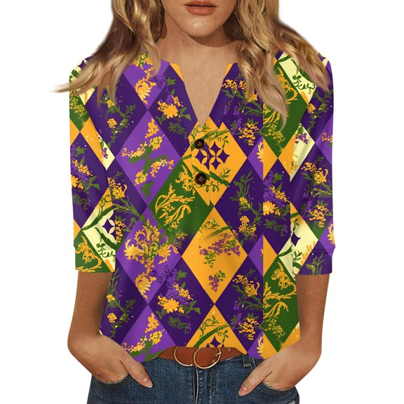 Fgvctg Womens Mardi Gras Tops 2025 Dressy Casual 3/4 Length Sleeve V Neck Tops Funny Carnival Party Pullover Shirt Oversized Mask Print Fashion Blouses Yellow L