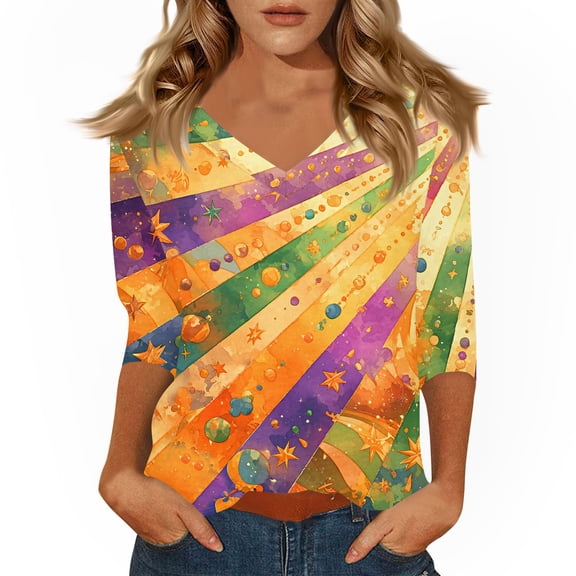 Fgvctg Womens Mardi Gras Tops 3/4 Length Sleeve Dressy Casual V Neck Shirt Carnival Party Pullover Parade Tops Loose Mask Graphic Half Sleeve Blouse Orange XL
