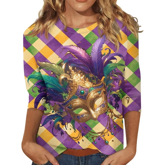 Fgvctg Womens Mardi Gras Tops Dressy Casual 3/4 Sleeve Crewneck Shirt Funny Carnival Party Pullover Top Plus Size Mask Print Half Sleeve Blouses Multicolor M