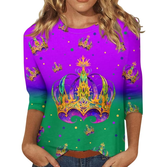 Fgvctg Womens Mardi Gras Tops Dressy Casual 3/4 Sleeve Crewneck Top Trendy Carnival Party Pullover Shirt Loose Mask Print Half Sleeve Blouse Green L