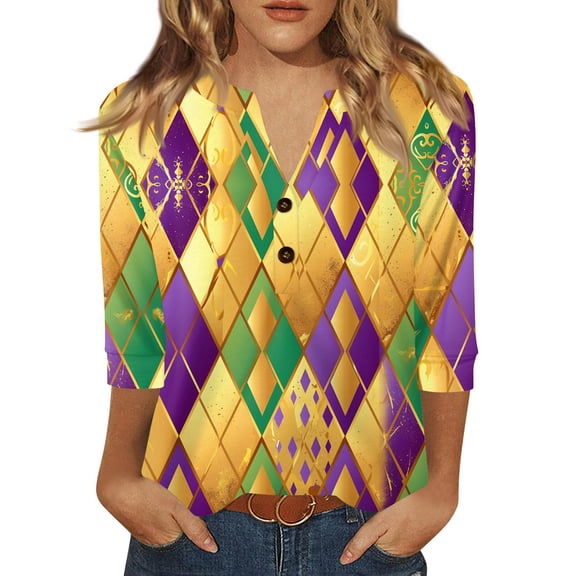 Fgvctg Womens Mardi Gras Tops Dressy Casual 3/4 Sleeve V Neck Shirts Flowy Carnival Party Pullover Top Plus Size Mask Print Fashion Blouse Yellow XL