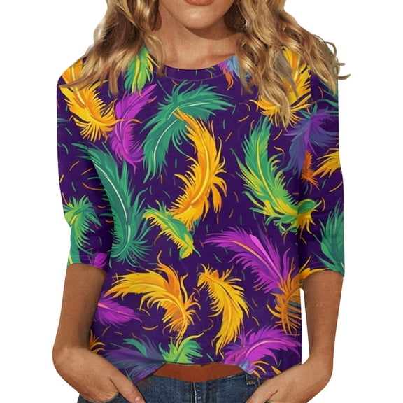 Fgvctg Womens Mardi Gras Tops Dressy Casual Crewneck 3/4 Length Sleeve Shirt Carnival Party Pullover Flowy Top Loose Mask Graphic Half Sleeve Blouses Dark Purple M