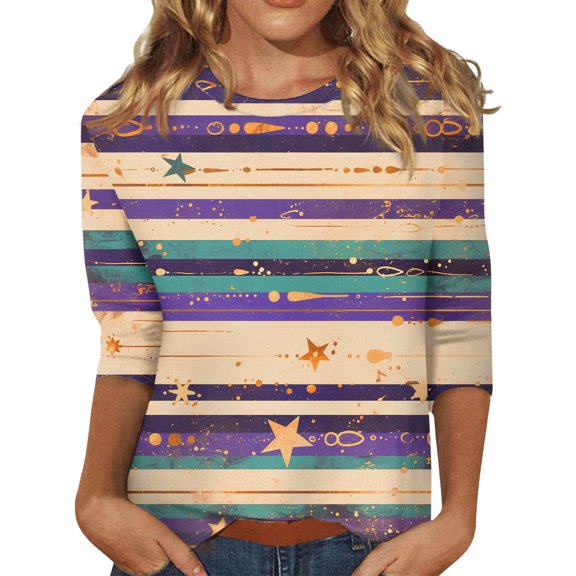 Fgvctg Womens Mardi Gras Tops Dressy Casual Crewneck 3/4 Sleeve Top Oversized Carnival Party Pullover Shirts Funny Mask Graphic Half Sleeve Blouse Khaki L