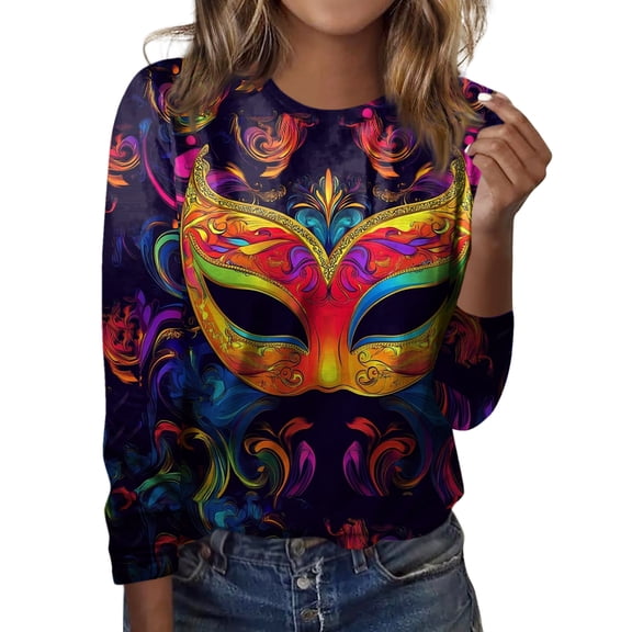 Fgvctg Womens Mardi Gras Tops Dressy Casual Crewneck Long Sleeve Top Oversized Carnival Party Pullover Shirt Parade Mask Print Celebration Blouse Black 2XL