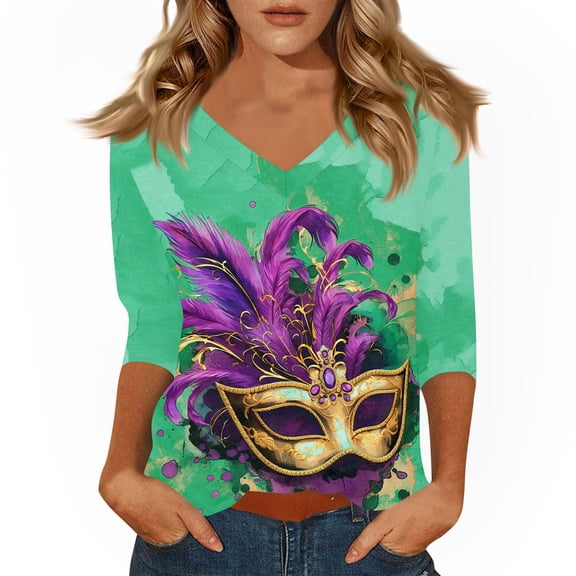 Fgvctg Womens Mardi Gras Tops Dressy Casual V Neck 3/4 Sleeve Tops Loose Carnival Party Pullover Shirts Funny Mask Graphic Fashion Blouse Green 2XL