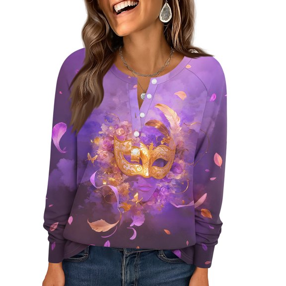 Fgvctg Womens Mardi Gras Tops Dressy Casual V Neck Long Sleeve Tops Plus Size Carnival Party Pullover Shirts Funny Mask Print Celebration Blouse Purple Pink L