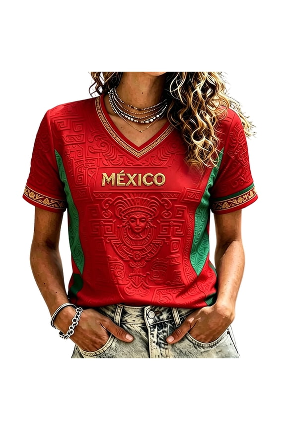 Womens Mexico Soccer Jersey 2026 Soccer Graphic V Neck T Shirt Mexico Planet Print Football Fan Match Day Color Block Short Sleeve Casual Tops Red M