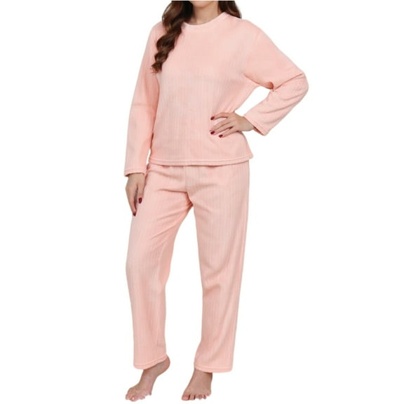 Fgvctg Womens Pajamas Set Fleece Warm Loungewear Pajamas Set 2 Piece Knit Ribbed Lounges Clothes Comfy Long Sleeve Pullover Pjs Pink M