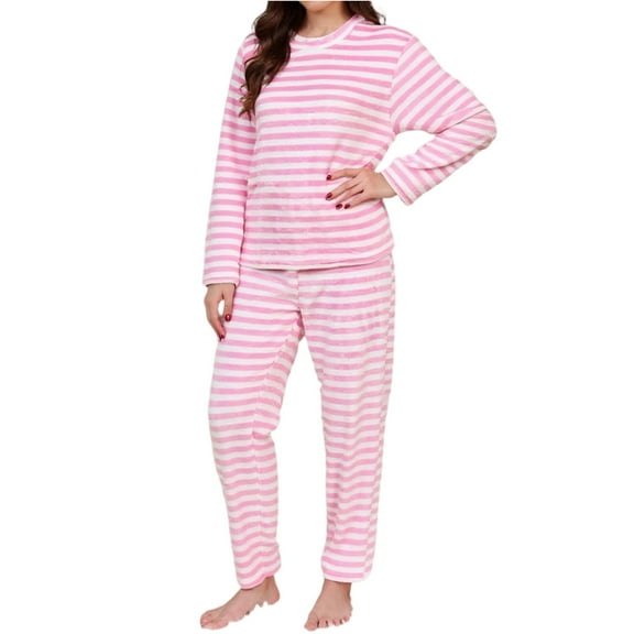 Fgvctg Womens Pajamas Warm Fleece Pj Set 2 Piece Knit Ribbed Lounge Pajamas Loungewear Long Sleeve Pullover Winter Clothes Hot Pink XL