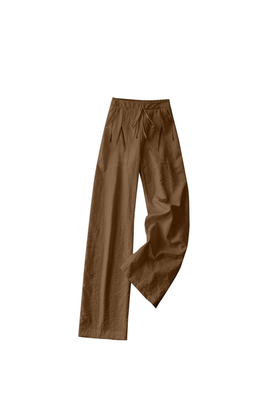 Womens Palazzo Pants 2026 Spring Summer Flowy Wide Leg Linen Pant Vacation Elastic Waist Palazzo Drawstring Long Trouser Loose Beach Lounge Trousers Clothes with Pockets Coffee 2XL