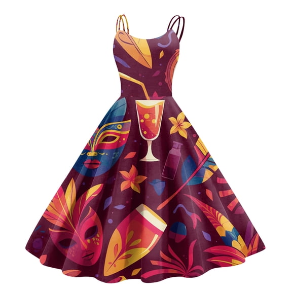 Fgvctg Womens Plus Size Mardi Gras Dress Cocktail Glitter Mask Print Cocktail Dress A-Line Crewneck Dress 1950s Sleeveless Parade Party Carnival Vintage Clothes Deep Red 2XL