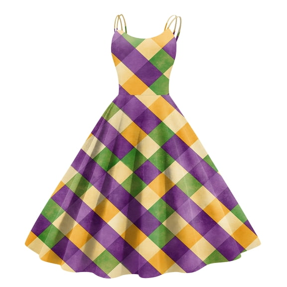 Fgvctg Womens Plus Size Mardi Gras Dress Cocktail Glitter Mask Print Cocktail Dress Formal Crewneck 50s Tea Dress Sleeveless Parade Party Carnival Flowy Clothes Purple M