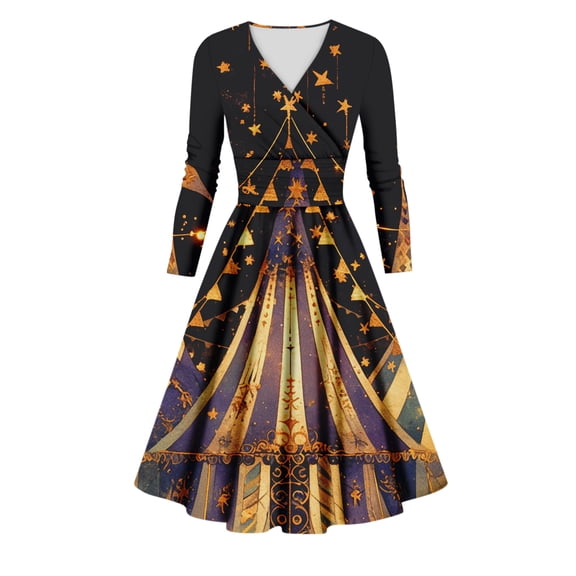 Fgvctg Womens Plus Size Mardi Gras Dress Cocktail Glitter Mask Print Cocktail Dress Plus Size V Neck Dress 1950s Long Sleeve Parade Party Carnival Vintage Clothes Black S