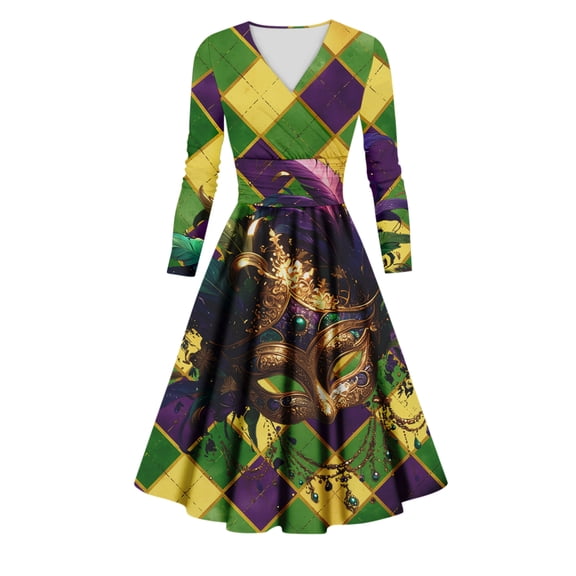 Fgvctg Womens Plus Size Mardi Gras Dress Cocktail Glitter Mask Print Cocktail Dresses Lightweight V Neck 1950s Tea Dress Long Sleeve Parade Party Carnival Vintage Clothing Mint Green 3XL