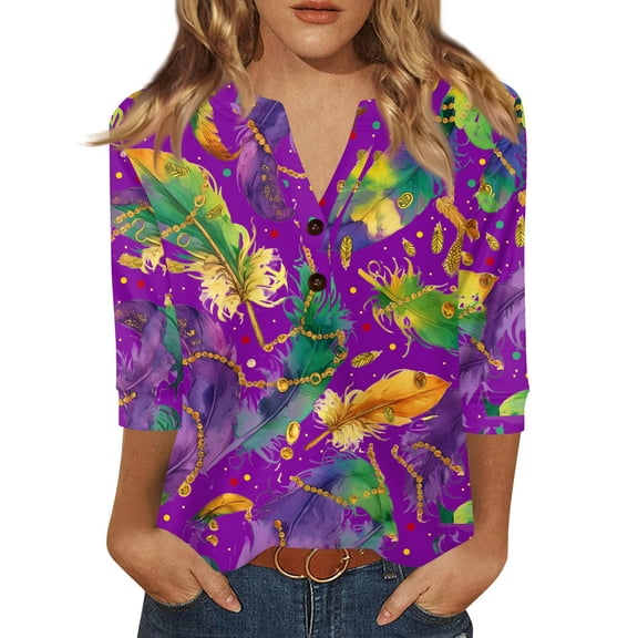 Fgvctg Womens Plus Size Mardi Gras Tops Dressy Casual 3/4 Length Sleeve V Neck Shirt Comfortable Carnival Party Pullover Tops Loose Mask Print Fashion Blouses Purple Pink XL
