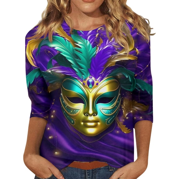 Fgvctg Womens Plus Size Mardi Gras Tops Dressy Casual Crewneck 3/4 Length Sleeve Top Plus Size Carnival Party Pullover Shirt Comfortable Mask Print Half Sleeve Blouse Blue M