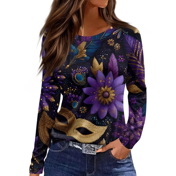 Fgvctg Womens Plus Size Mardi Gras Tops Dressy Casual Long Sleeve Crewneck Shirts Funny Carnival Party Pullover Tops Loose Mask Graphic Celebration Blouse Gold L