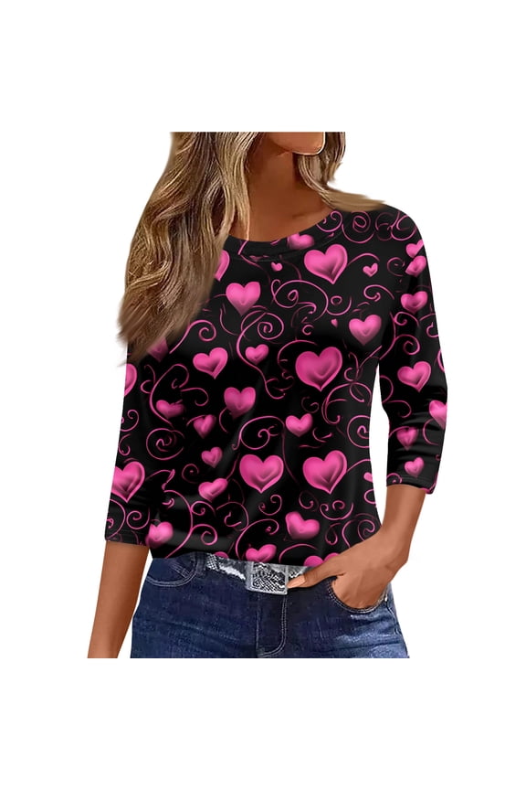 Womens Plus Size Valentine's Day Tops Casual 3/4 Sleeve Crewneck Shirt Cute Date Night Pullover Tops Plus Size Sweet Love Heart Graphic Half Sleeve Blouse Black XL