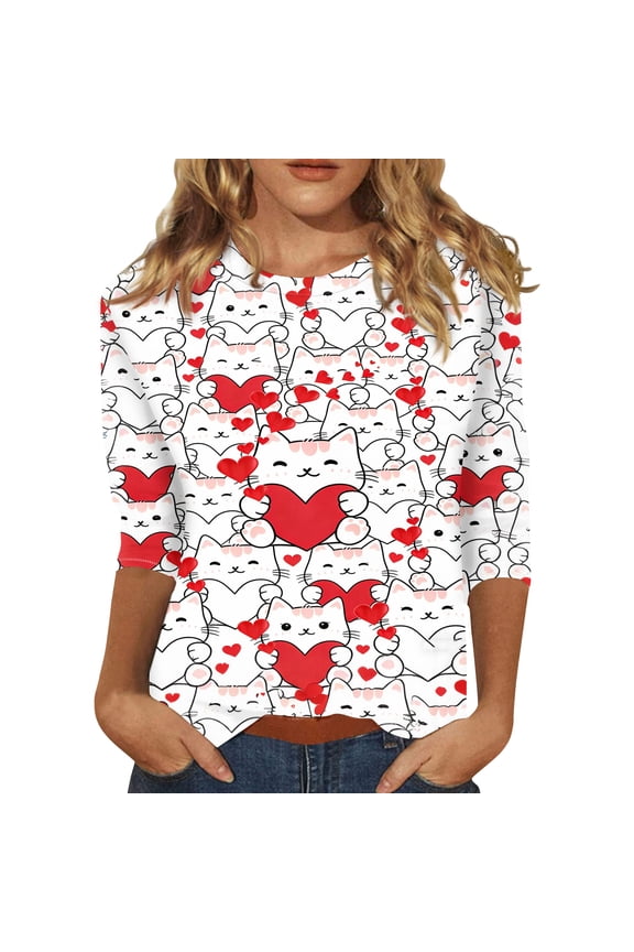 Womens Plus Size Valentine's Day Tops Casual Crewneck 3/4 Sleeve Tops Plus Size Date Night Pullover Shirts Cute Cute Love Heart Graphic Half Sleeve Blouses Red M