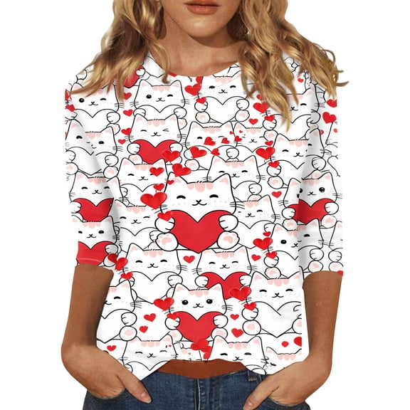 Fgvctg Womens Plus Size Valentine's Day Tops Casual Crewneck 3/4 Sleeve Tops Plus Size Date Night Pullover Shirts Cute Cute Love Heart Graphic Half Sleeve Blouses Red M