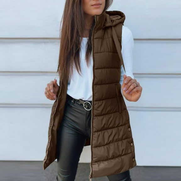 Fgvctg Womens Puffer Vest Casual Quilted Sleeveless Puffer Vest Warm Long Coat Puffy Zip Up Hooded Outerwear Jackets Oversized Outfit with Pockets Coffee XL