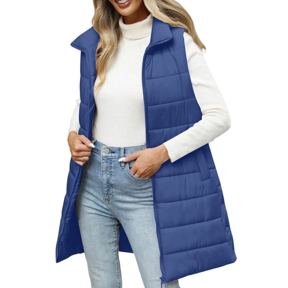 Fgvctg Womens Puffer Vest Oversized Quilted Sleeveless Puffer Vests Warm Long Jacket Hood Puffy Zip Up Coat Solid Winter Outerwear Outfits with Pockets Royal Blue XL