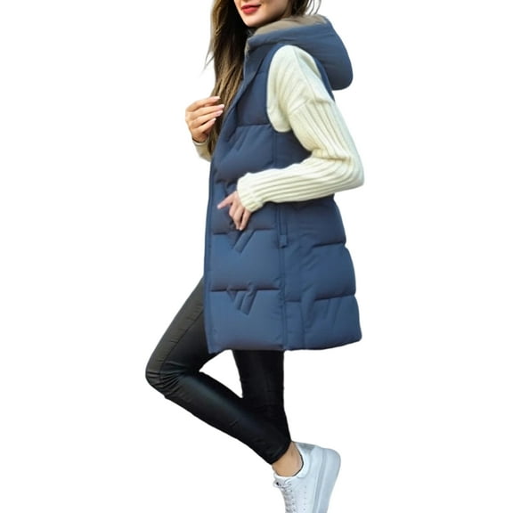 Fgvctg Womens Puffer Vest Trendy Quilted Sleeveless Puffer Vests Warm Long Coat Puffy Zip Up Hood Outerwear Jacket Oversized Outfit with Pockets Blue 2XL