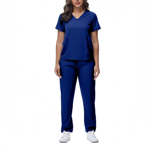 Fgvctg Womens Scrub Sets Plus Size Medical Scrub Sets Stretchy V-Neck Scrub Pants and Tops Scrubs Nurse Uniforms Scrub Jumpsuit Navy 2XL