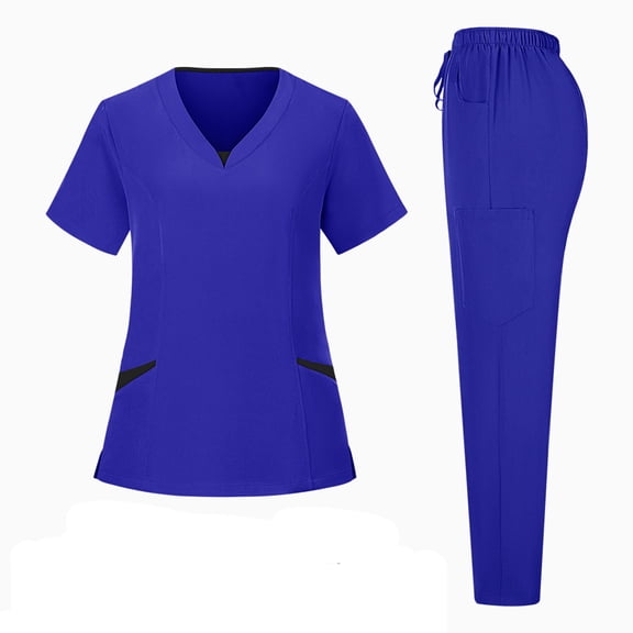 Fgvctg Womens Scrub Sets Plus Size Medical Scrubs Petite V Neck Scrub Tops and Pants Scrub Sets Nursing Scrubs with Pockets Royal Blue S