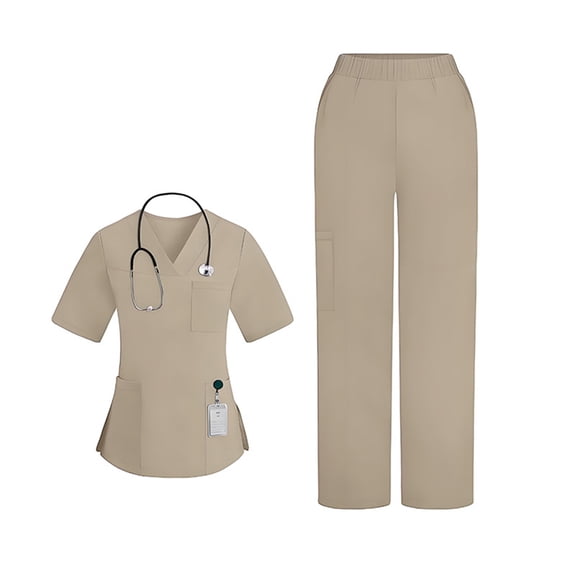 Fgvctg Womens Scrub Sets Plus Size Medical Uniforms Stretchy V Neck Yoga Scrub Pants and Tops Nursing Uniforms Scrub Sets Scrub Jumpsuit Khaki 2XL