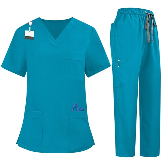 Fgvctg Womens Scrub Sets Plus Size Nurse Uniforms Stretchy V Neck Scrub Tops and Pants Scrub Set Medical Scrubs with Pockets Turquoise 2XL