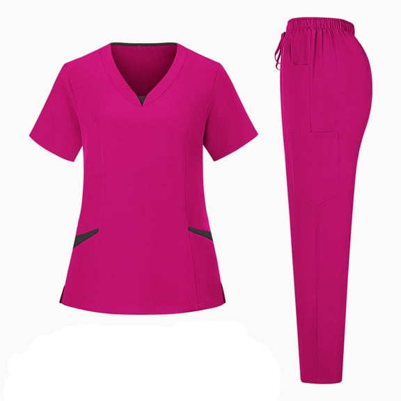 Fgvctg Womens Scrubs Plus Size Jogger Scrubs Petite V Neck Yoga Scrub Pants and Tops Medical Scrub Sets Nursing Top with Pockets Hot Pink XL