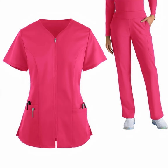 Fgvctg Womens Scrubs Plus Size Medical Uniforms Petite V Neck Scrub Tops and Pants Jogger Scrubs Nursing Top with Pockets Hot Pink 2XL