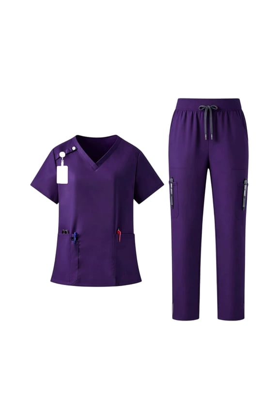 Womens Scrubs Plus Size Nurse Uniforms Petite V-Neck Scrub Pants and Tops Scrub Joggers Medical Scrubs Scrub Jumpsuit Dark Purple M