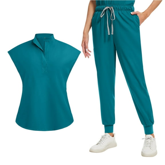 Fgvctg Womens Scrubs Plus Size Nursing Top Petite V Neck Scrub Pants and Tops Medical Scrubs with Pockets Turquoise S